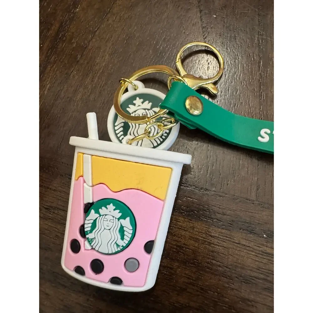 Starbucks bubble tea keychain with pink drink and black tapioca pearls